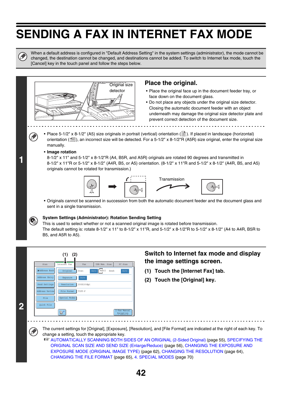 Sending a fax in internet fax mode, E 42), Ge 42) | Place the original | Sharp MX-7001 User Manual | Page 402 / 710