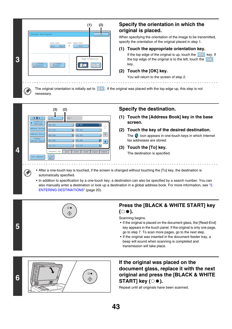 Specify the destination, Press the [black & white start] key ( ), 1) touch the appropriate orientation key | 2) touch the [ok] key, 3) touch the [to] key | Sharp MX-7001 User Manual | Page 403 / 710