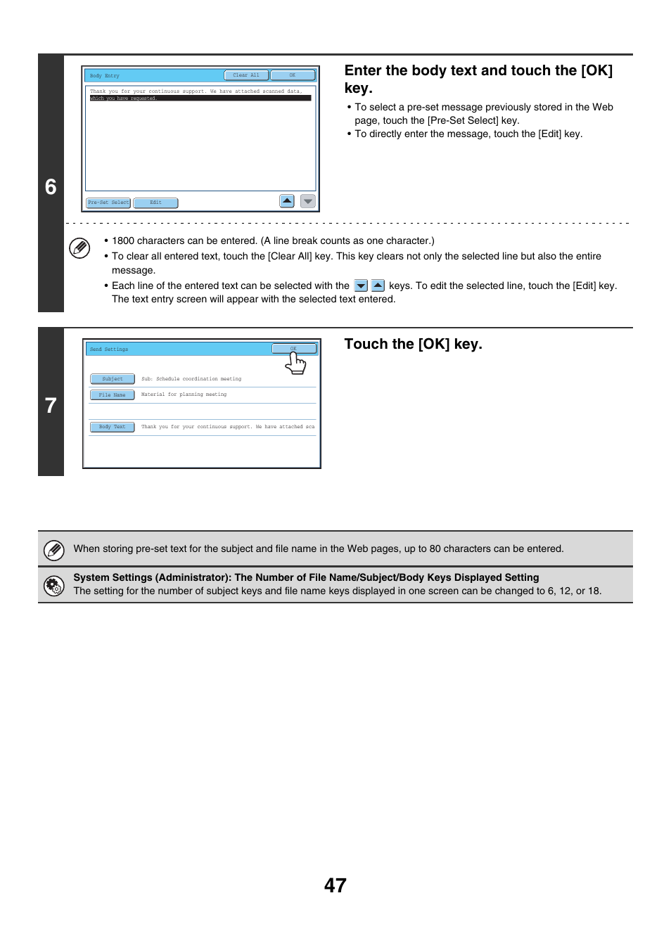 Enter the body text and touch the [ok] key, Touch the [ok] key | Sharp MX-7001 User Manual | Page 407 / 710