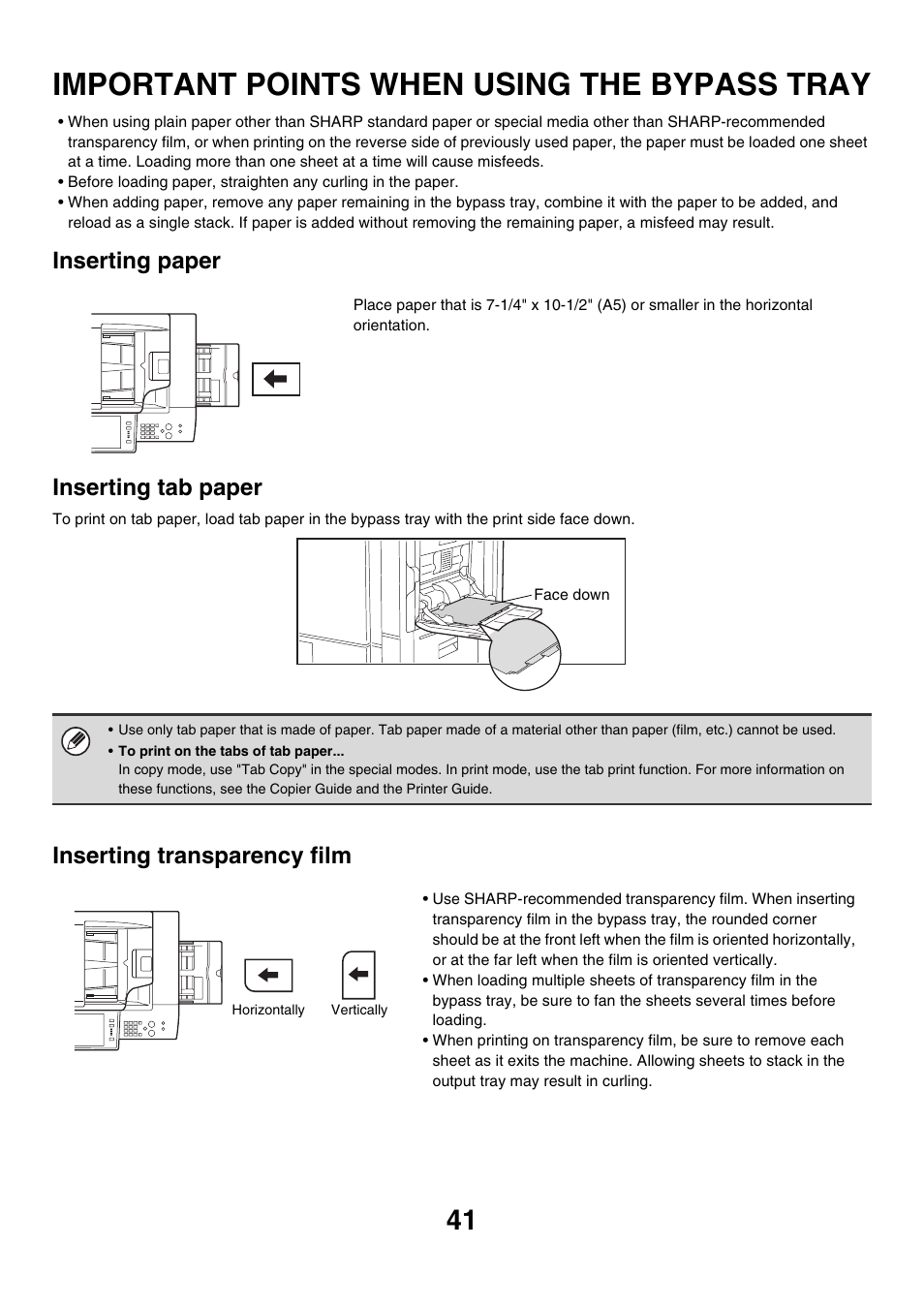 Important points when using the, Bypass tray, Important points when using the bypass tray | Inserting paper inserting tab paper, Inserting transparency film | Sharp MX-7001 User Manual | Page 41 / 710