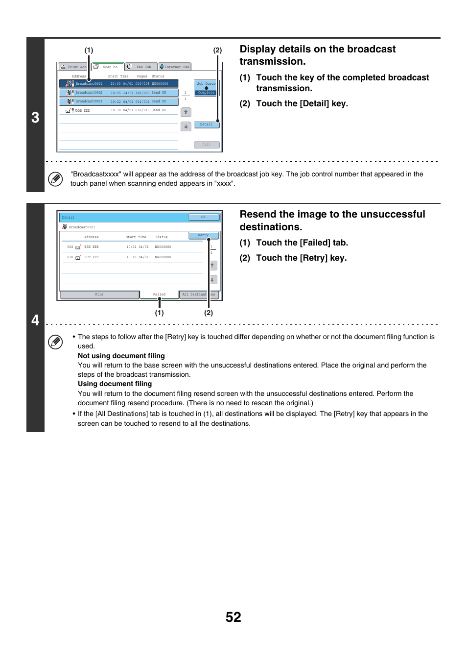 Display details on the broadcast transmission, Resend the image to the unsuccessful destinations | Sharp MX-7001 User Manual | Page 412 / 710