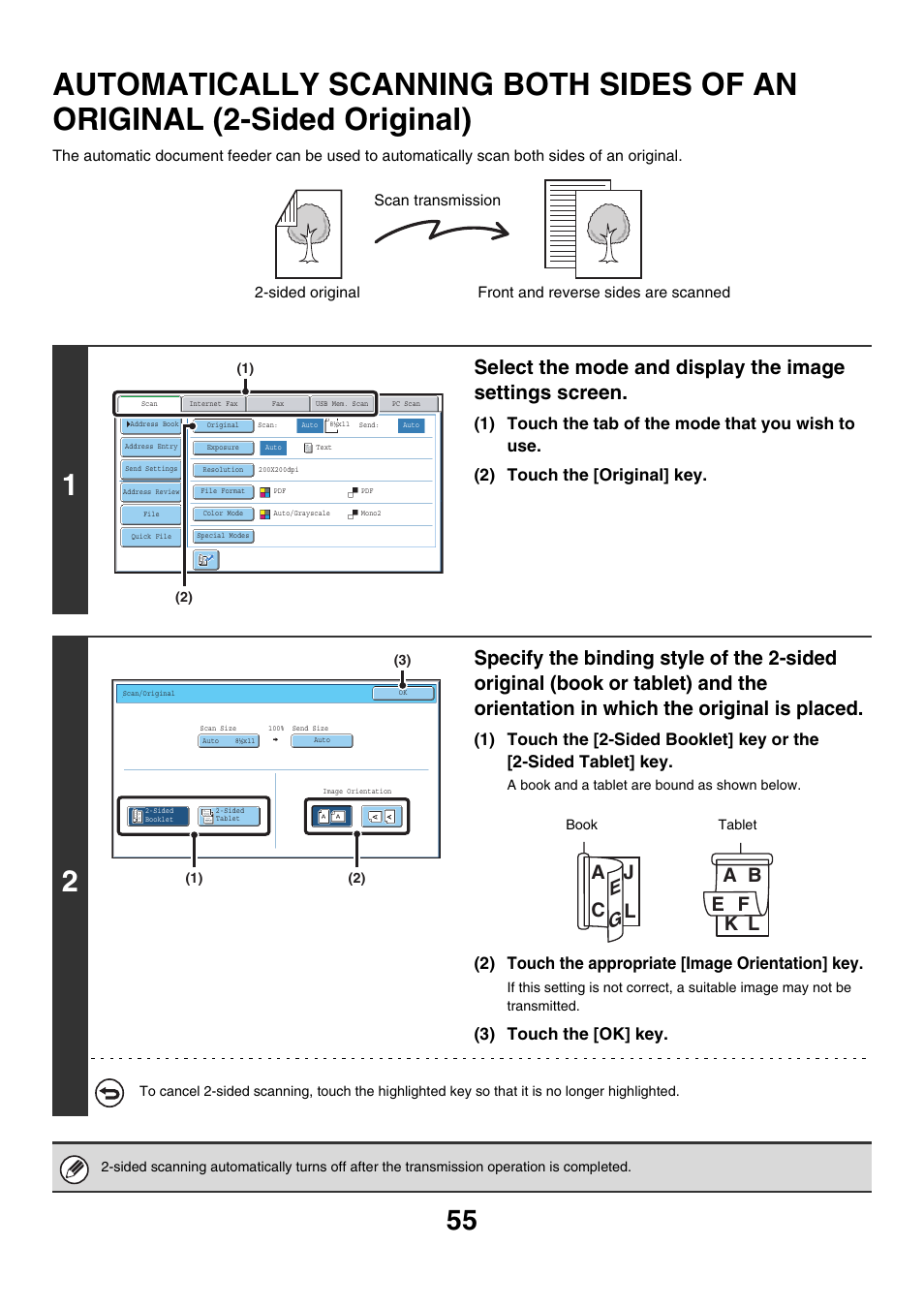 Automatically scanning both sides, Of an original (2-sided original), 2) touch the appropriate [image orientation] key | 3) touch the [ok] key | Sharp MX-7001 User Manual | Page 415 / 710