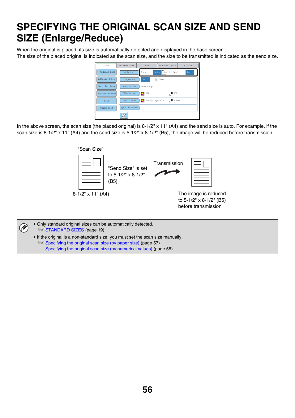 Specifying the original scan size, And send size (enlarge/reduce), Specifying the | Original scan size and send size (enlarge/reduce), Specifying | Sharp MX-7001 User Manual | Page 416 / 710