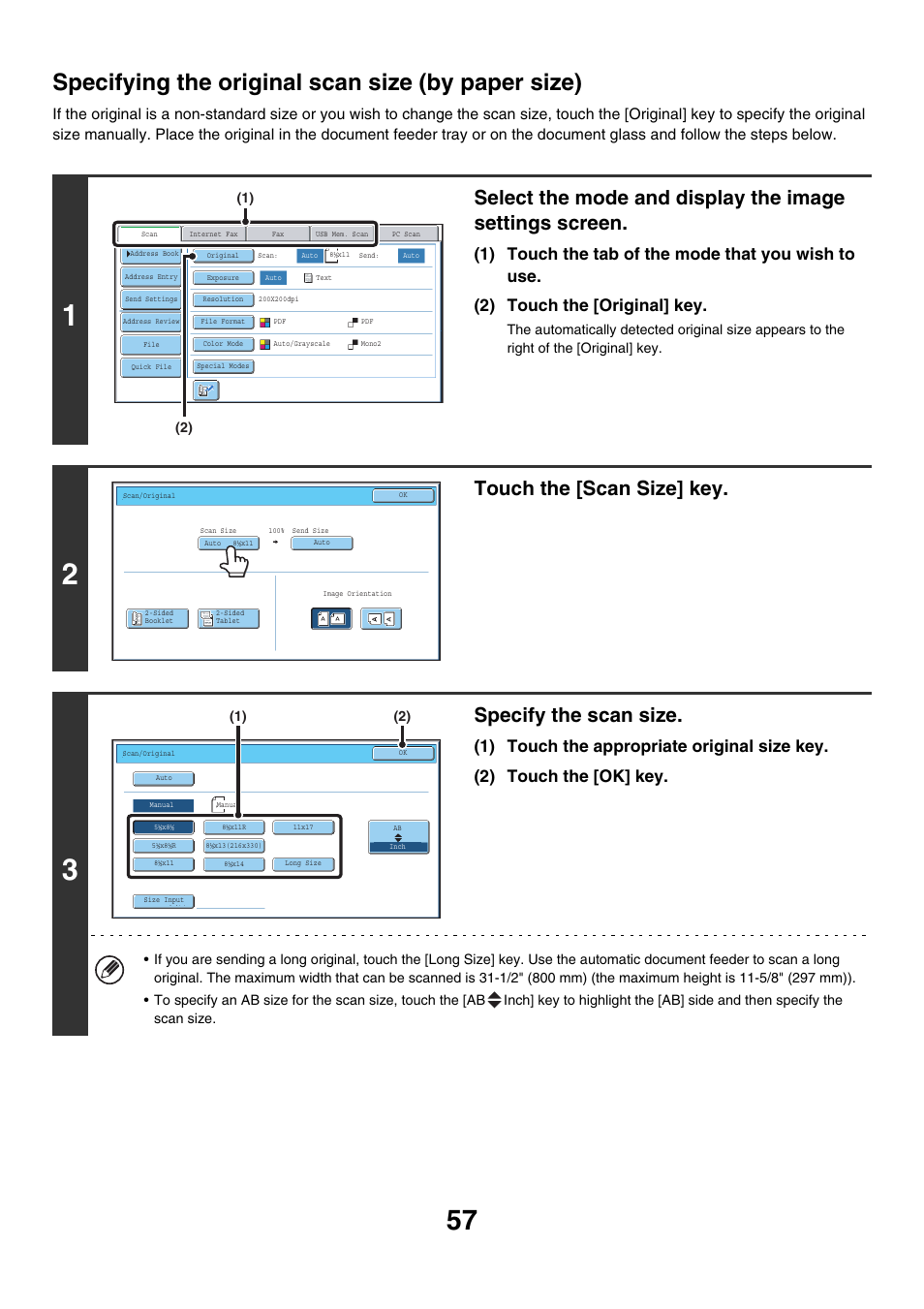 Specifying the original scan size (by paper size), E 57), Touch the [scan size] key | Specify the scan size | Sharp MX-7001 User Manual | Page 417 / 710