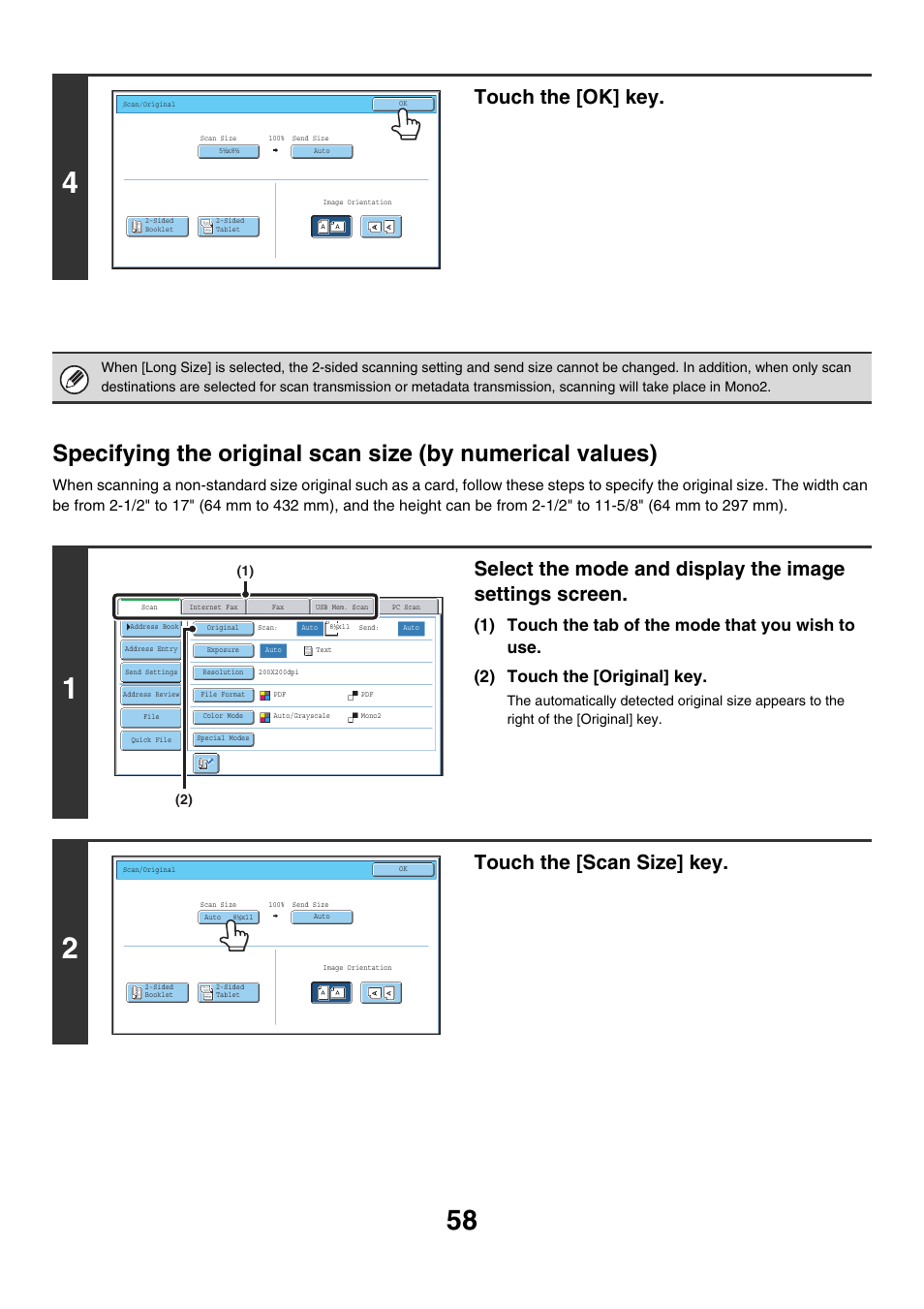 Ge 58, Touch the [ok] key, Touch the [scan size] key | Sharp MX-7001 User Manual | Page 418 / 710