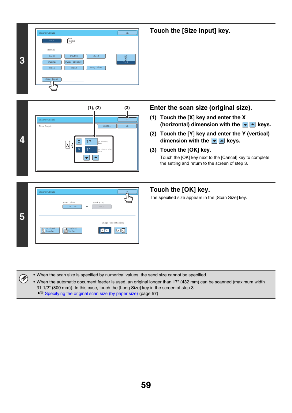 Touch the [size input] key, Enter the scan size (original size), Touch the [ok] key | Sharp MX-7001 User Manual | Page 419 / 710