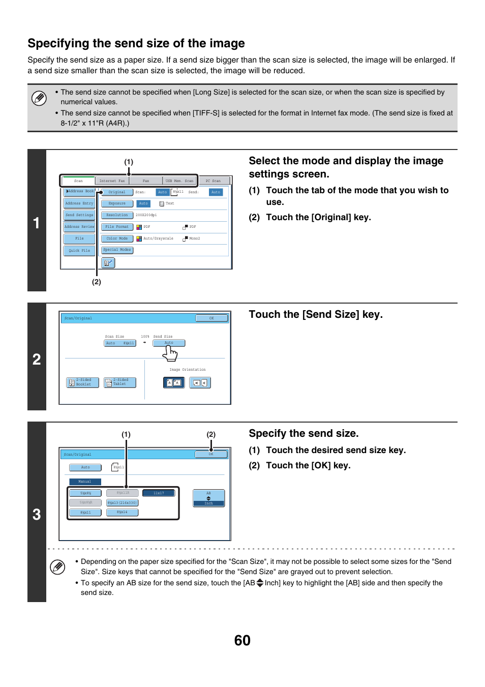 Specifying the send size of the image, Touch the [send size] key, Specify the send size | Sharp MX-7001 User Manual | Page 420 / 710