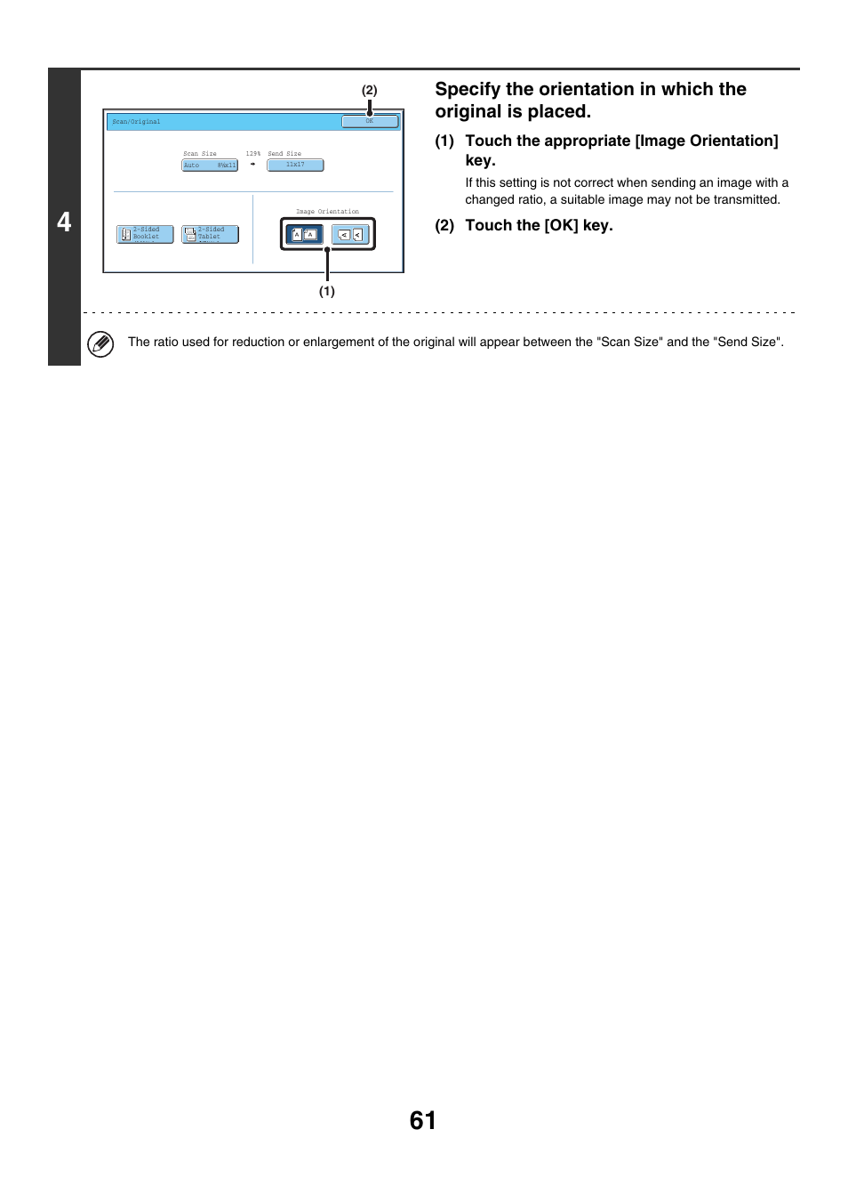 1) touch the appropriate [image orientation] key, 2) touch the [ok] key | Sharp MX-7001 User Manual | Page 421 / 710