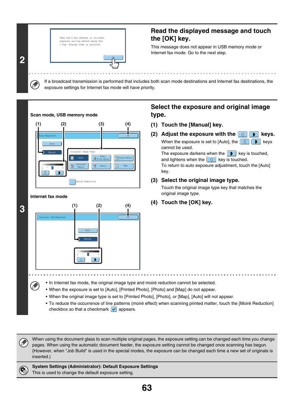Read the displayed message and touch the [ok] key, Select the exposure and original image type, 3) select the original image type | 4) touch the [ok] key | Sharp MX-7001 User Manual | Page 423 / 710