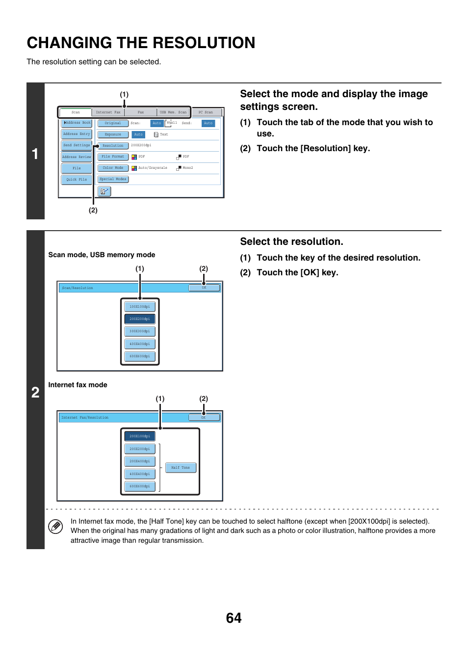 Changing the resolution, Select the resolution, The resolution setting can be selected | Sharp MX-7001 User Manual | Page 424 / 710