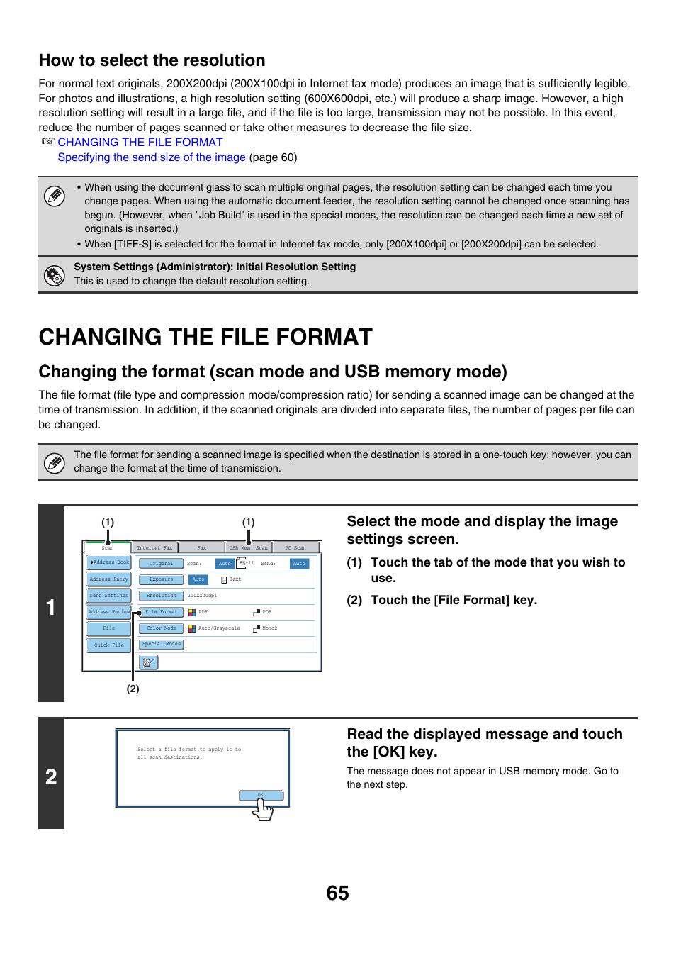 Changing the file format, How to select the resolution, Read the displayed message and touch the [ok] key | Sharp MX-7001 User Manual | Page 425 / 710