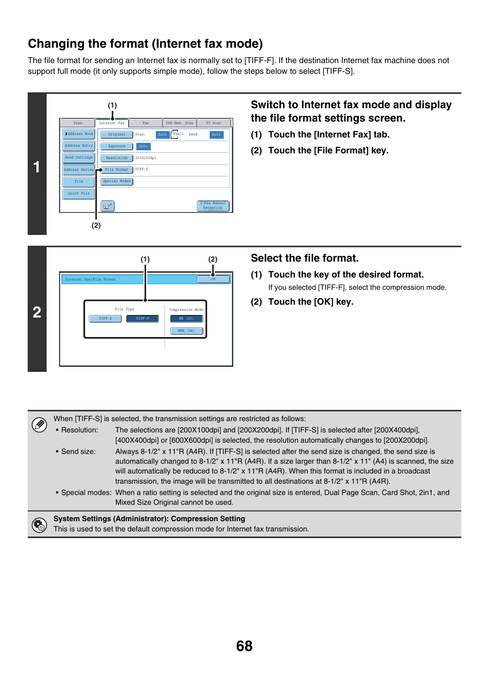 Changing the format (internet fax mode), Select the file format, 1) touch the key of the desired format | 2) touch the [ok] key | Sharp MX-7001 User Manual | Page 428 / 710