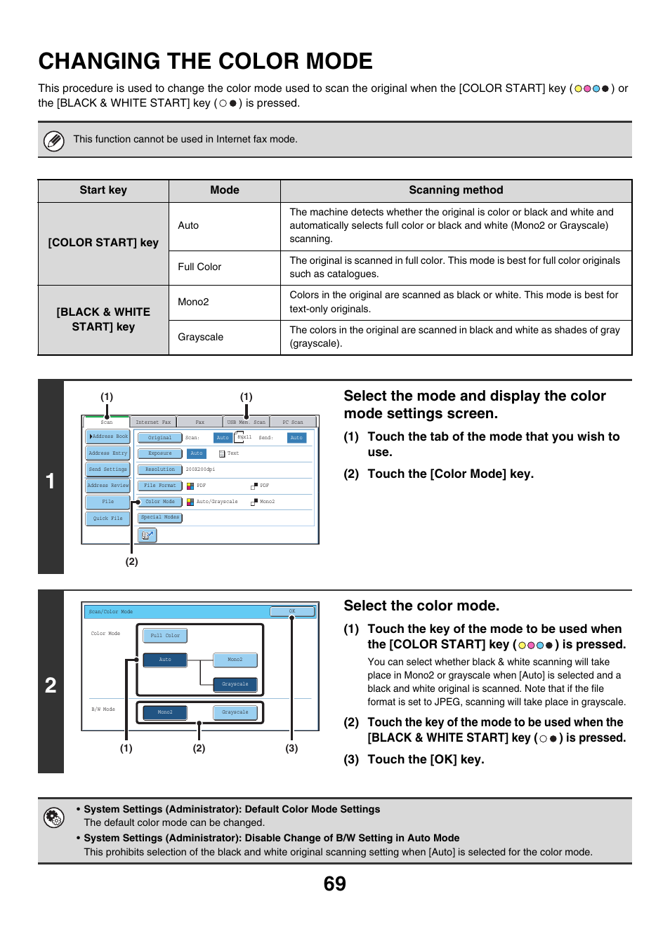 Changing the color mode, E 69), Select the color mode | Sharp MX-7001 User Manual | Page 429 / 710