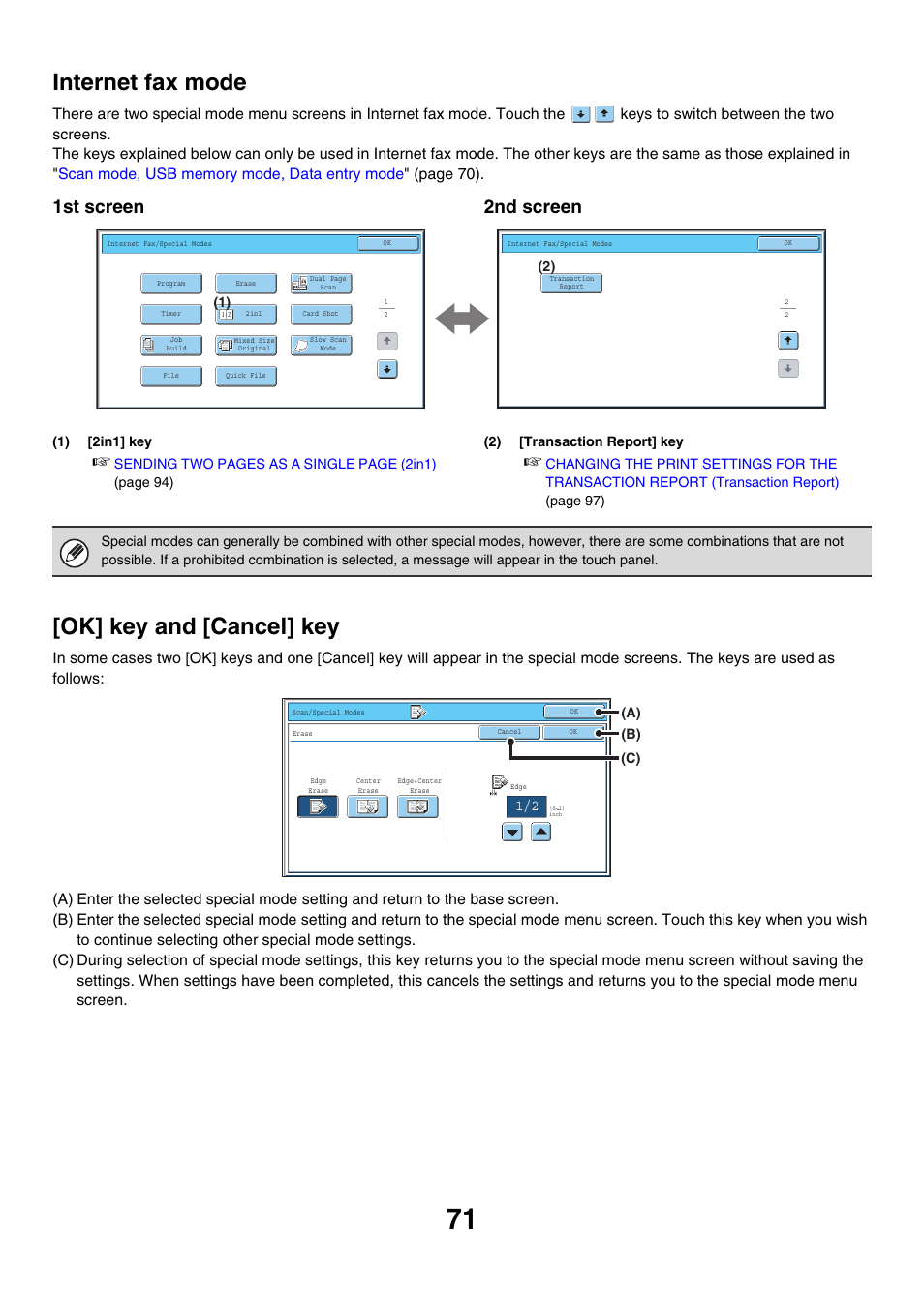 Internet fax mode, Ok] key and [cancel] key, 1st screen 2nd screen | Sharp MX-7001 User Manual | Page 431 / 710