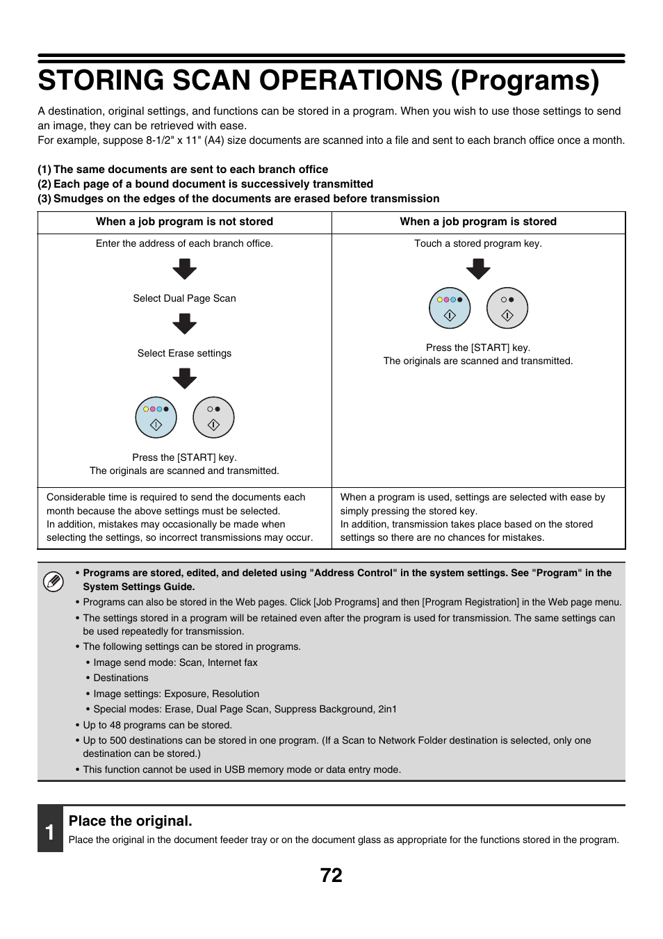 Storing scan operations (programs), Place the original | Sharp MX-7001 User Manual | Page 432 / 710