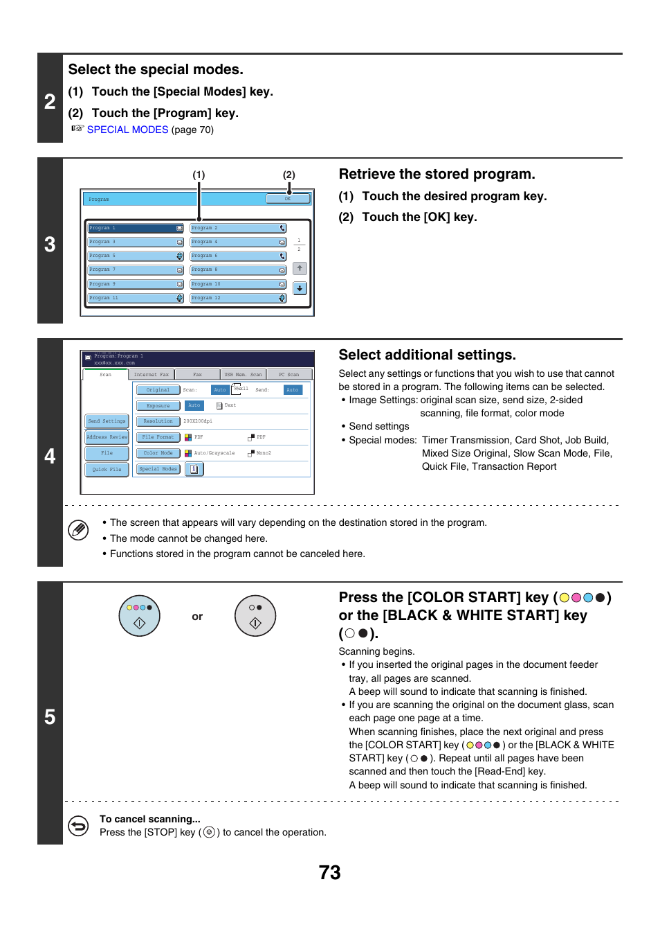 Select the special modes, Retrieve the stored program, Select additional settings | Sharp MX-7001 User Manual | Page 433 / 710