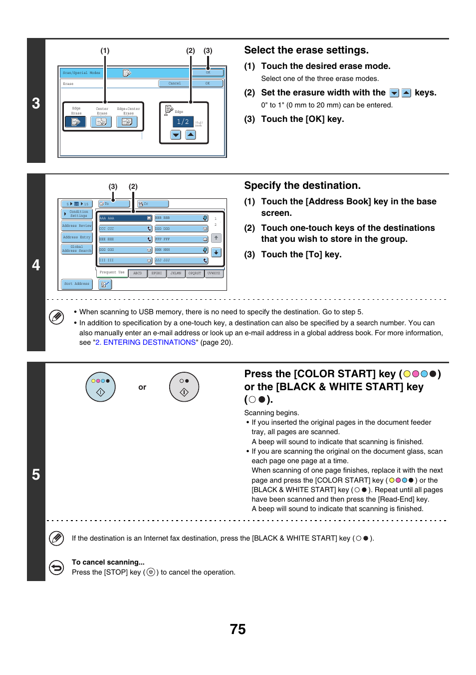 Select the erase settings, Specify the destination, 1) touch the desired erase mode | 2) set the erasure width with the keys, 3) touch the [ok] key | Sharp MX-7001 User Manual | Page 435 / 710