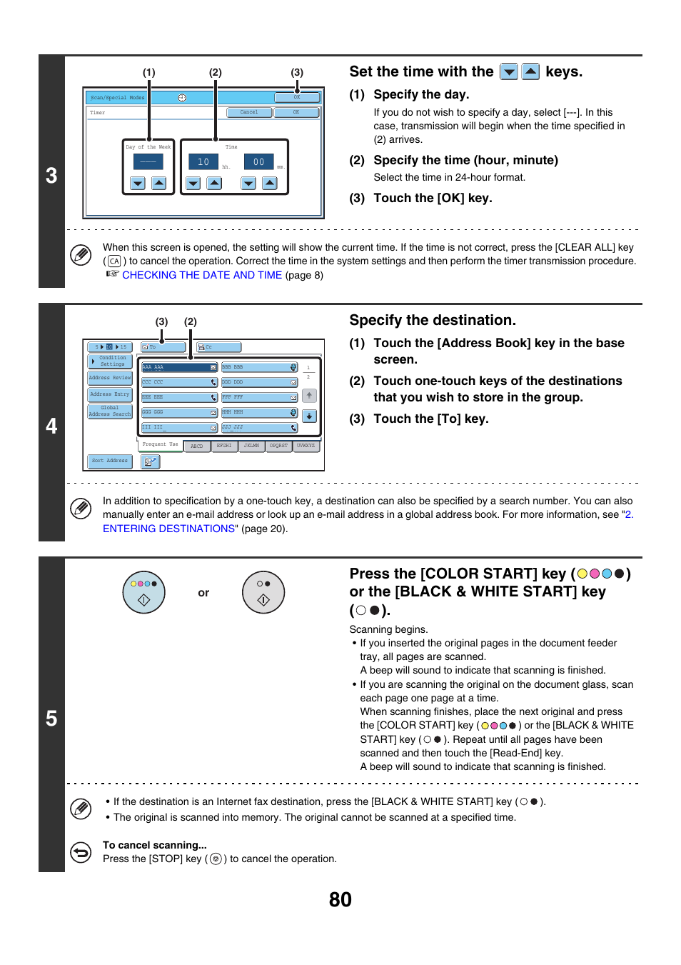 Set the time with the keys, Specify the destination, 1) specify the day | 2) specify the time (hour, minute), 3) touch the [ok] key | Sharp MX-7001 User Manual | Page 440 / 710