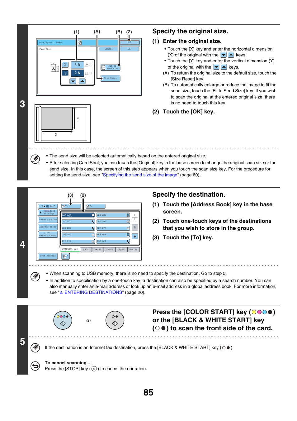 Specify the original size, Specify the destination, 1) enter the original size | 2) touch the [ok] key | Sharp MX-7001 User Manual | Page 445 / 710