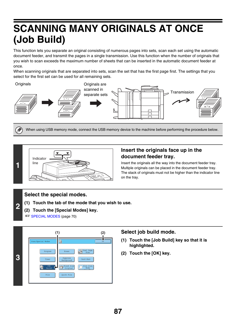 Scanning many originals at once (job build), E 87, Select the special modes | Select job build mode | Sharp MX-7001 User Manual | Page 447 / 710