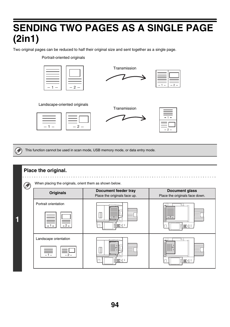 Ge 94), Sending two pages as a single page (2in1), Place the original | Sharp MX-7001 User Manual | Page 454 / 710