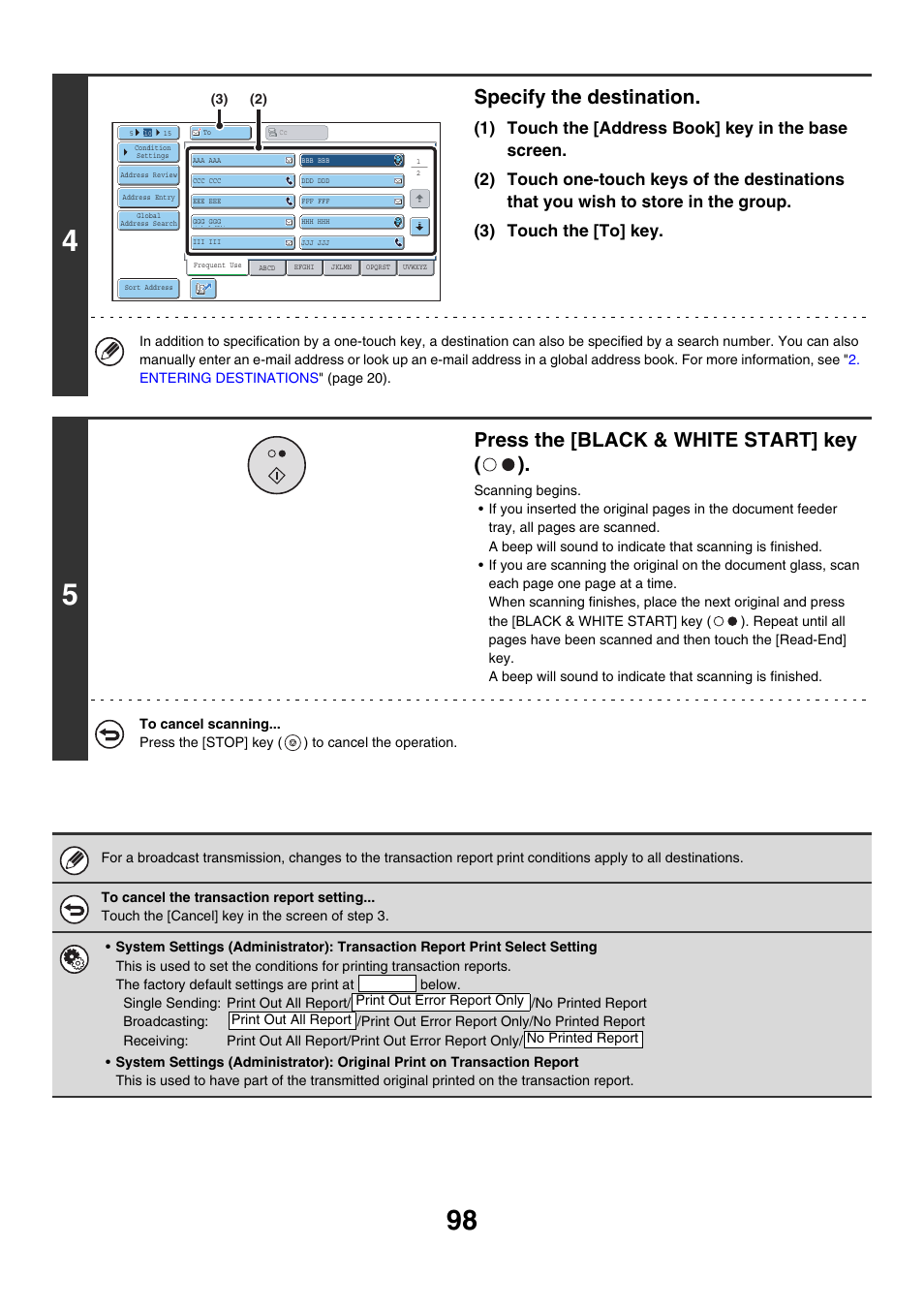 Specify the destination, Press the [black & white start] key ( ) | Sharp MX-7001 User Manual | Page 458 / 710