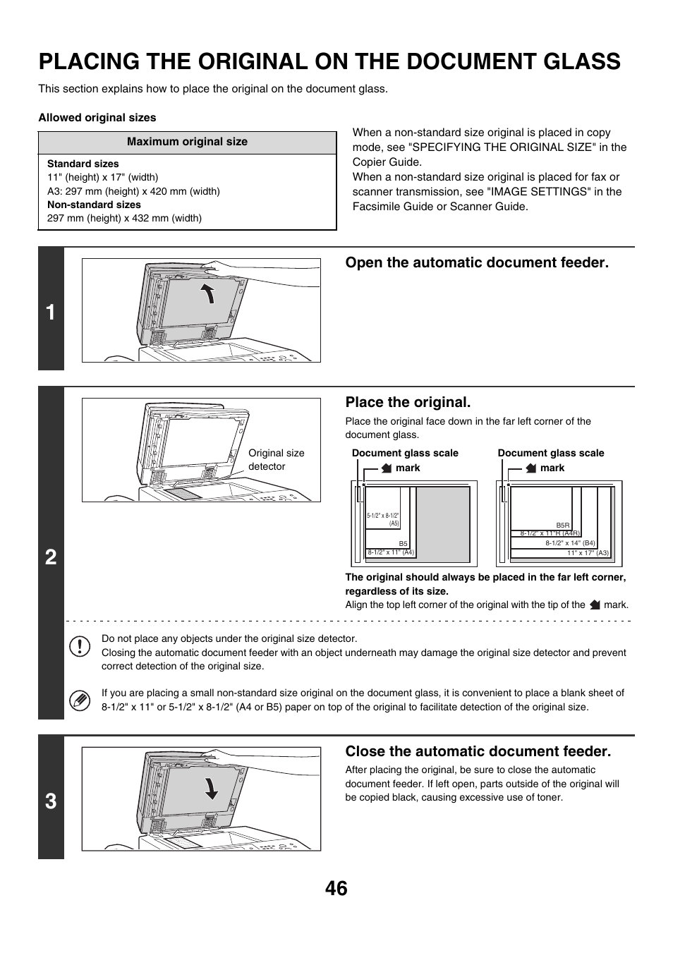 Placing the original on the, Document glass, Placing the original on the document glass | Age 46, Open the automatic document feeder, Place the original, Close the automatic document feeder | Sharp MX-7001 User Manual | Page 46 / 710