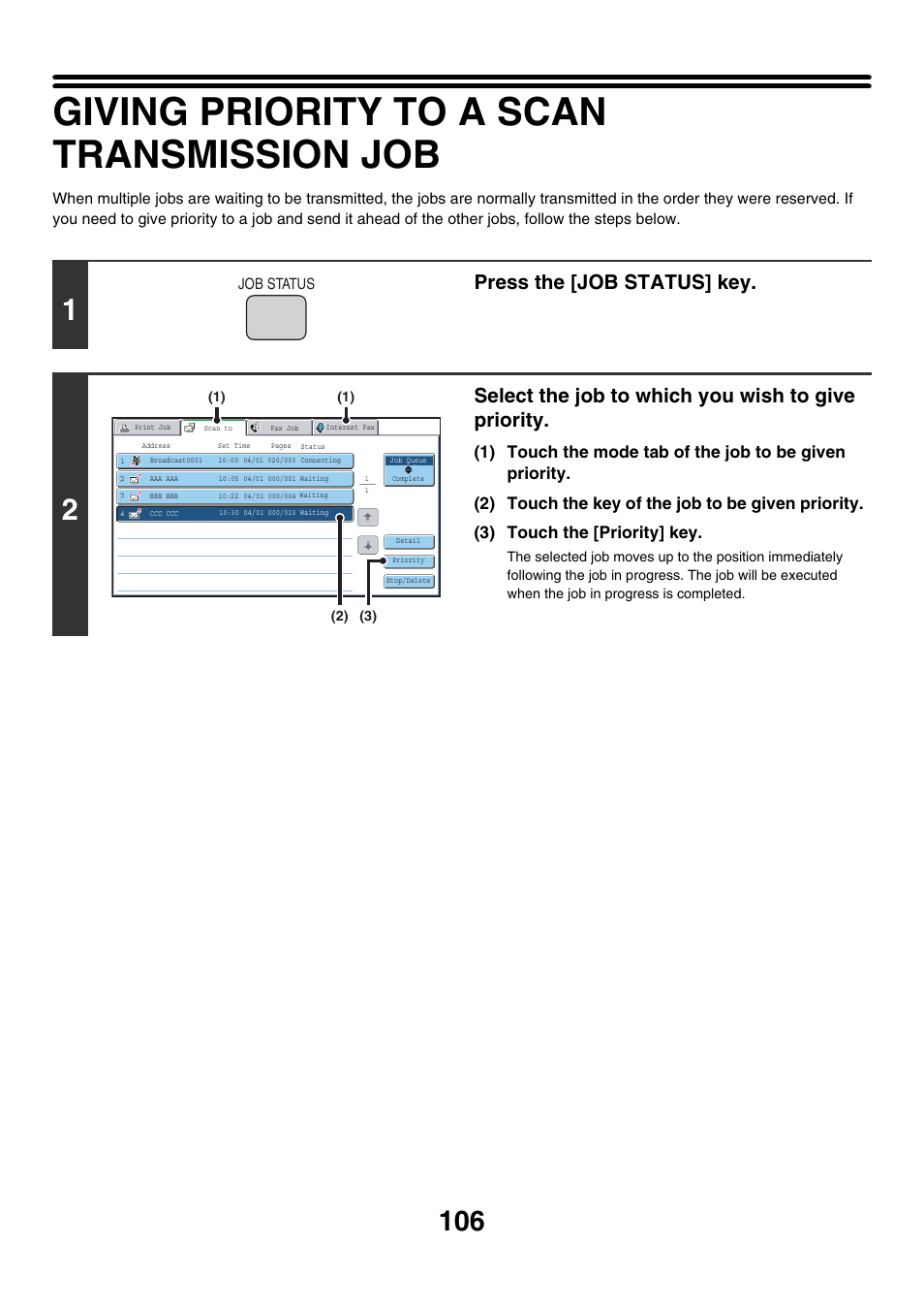 Giving priority to a scan transmission job, Press the [job status] key, Select the job to which you wish to give priority | Sharp MX-7001 User Manual | Page 466 / 710