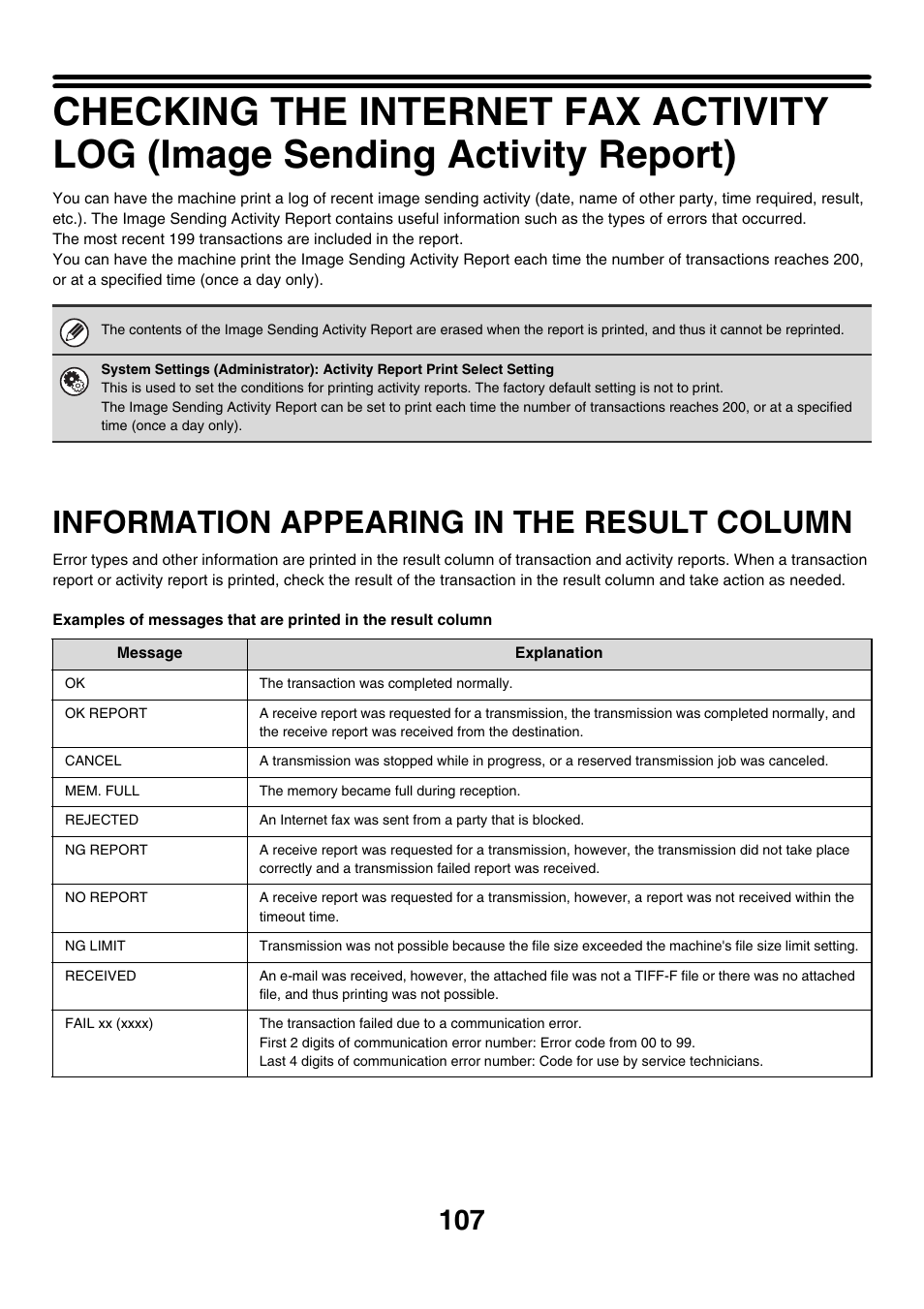 Information appearing in the result, Column, Information appearing in the result column | E 107) | Sharp MX-7001 User Manual | Page 467 / 710