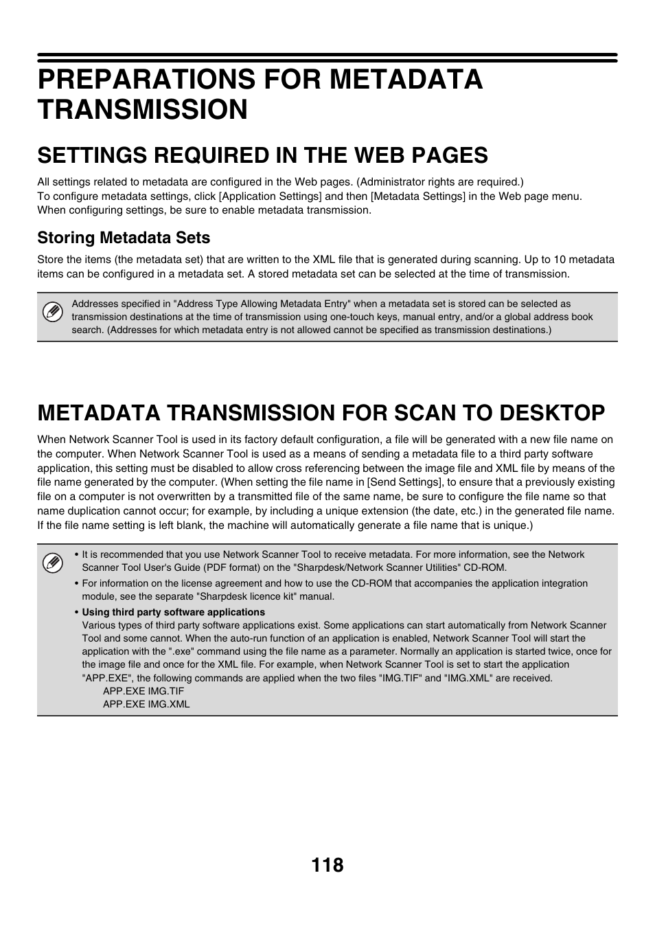 Preparations for metadata transmission, Metadata transmission for scan to, Desktop | Settings required in the web pages, Metadata transmission for scan to desktop, Storing metadata sets | Sharp MX-7001 User Manual | Page 478 / 710