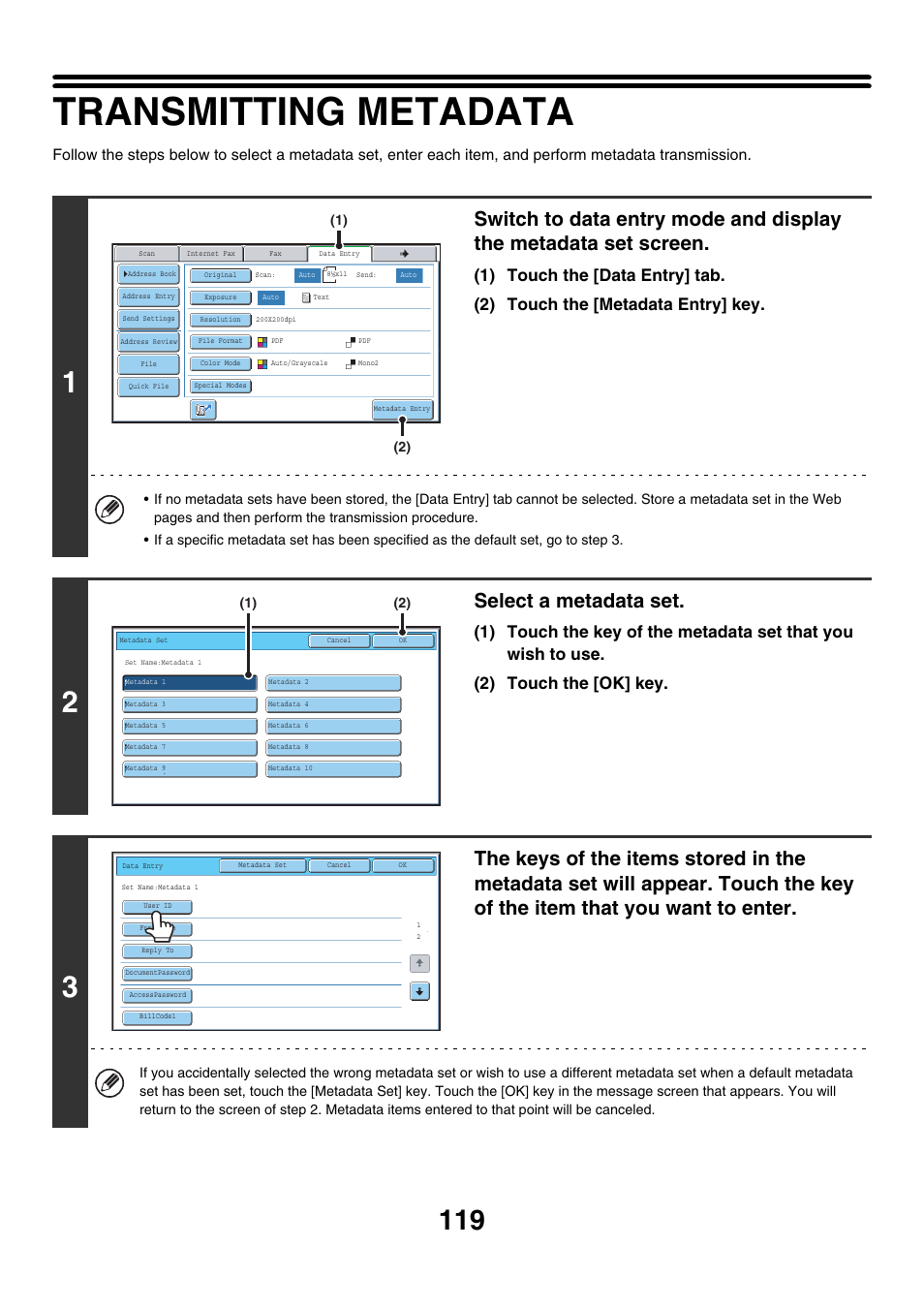 Transmitting metadata, Select a metadata set | Sharp MX-7001 User Manual | Page 479 / 710