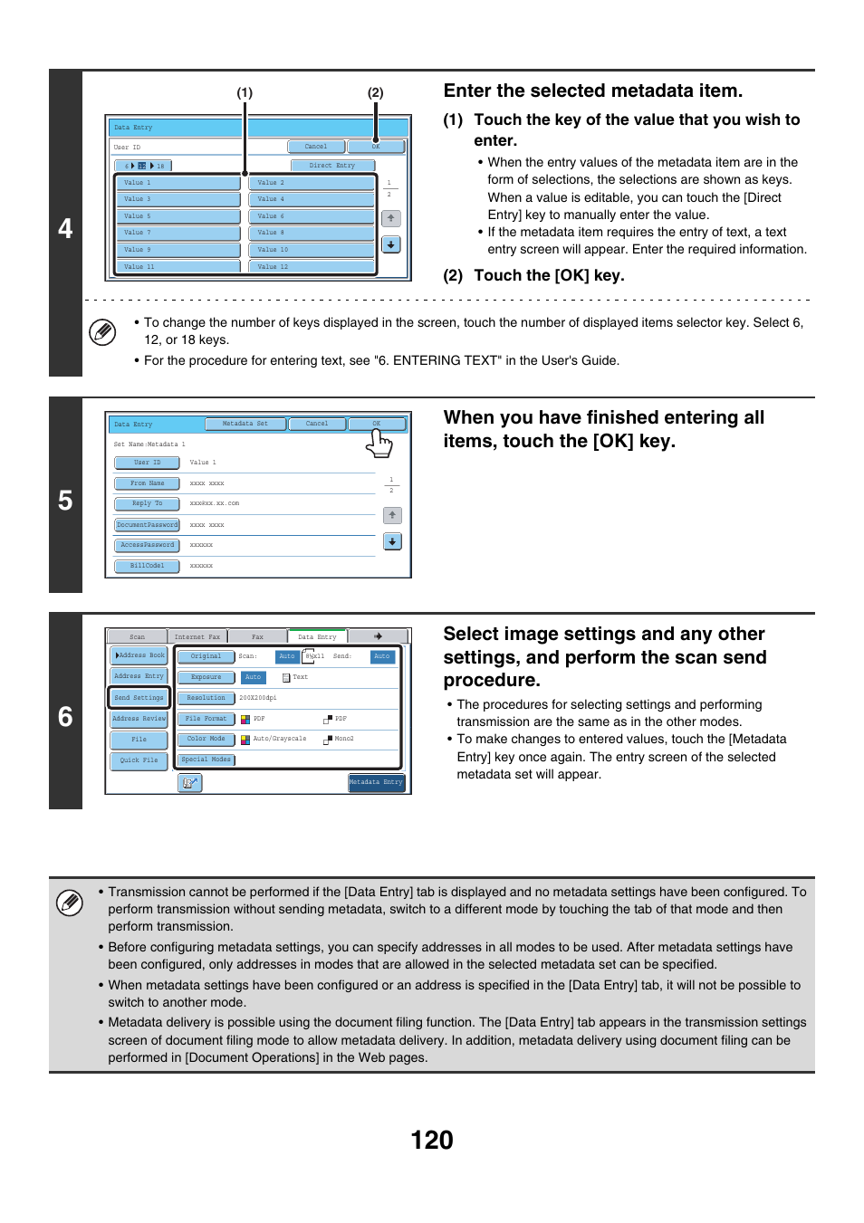 Enter the selected metadata item, 2) touch the [ok] key | Sharp MX-7001 User Manual | Page 480 / 710