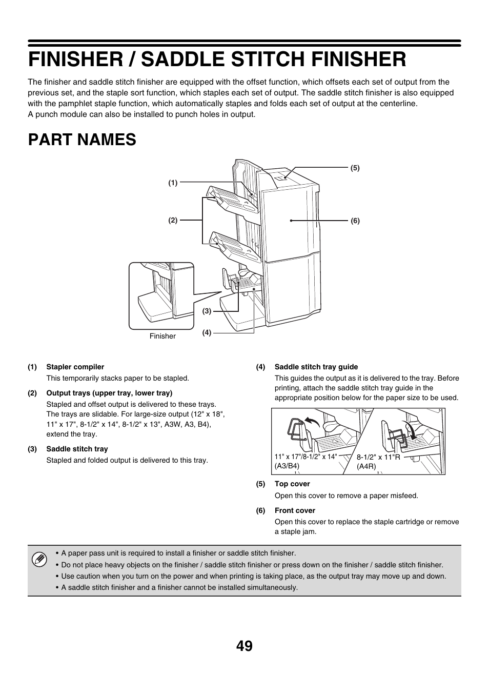 Finisher / saddle stitch finisher, Part names | Sharp MX-7001 User Manual | Page 49 / 710