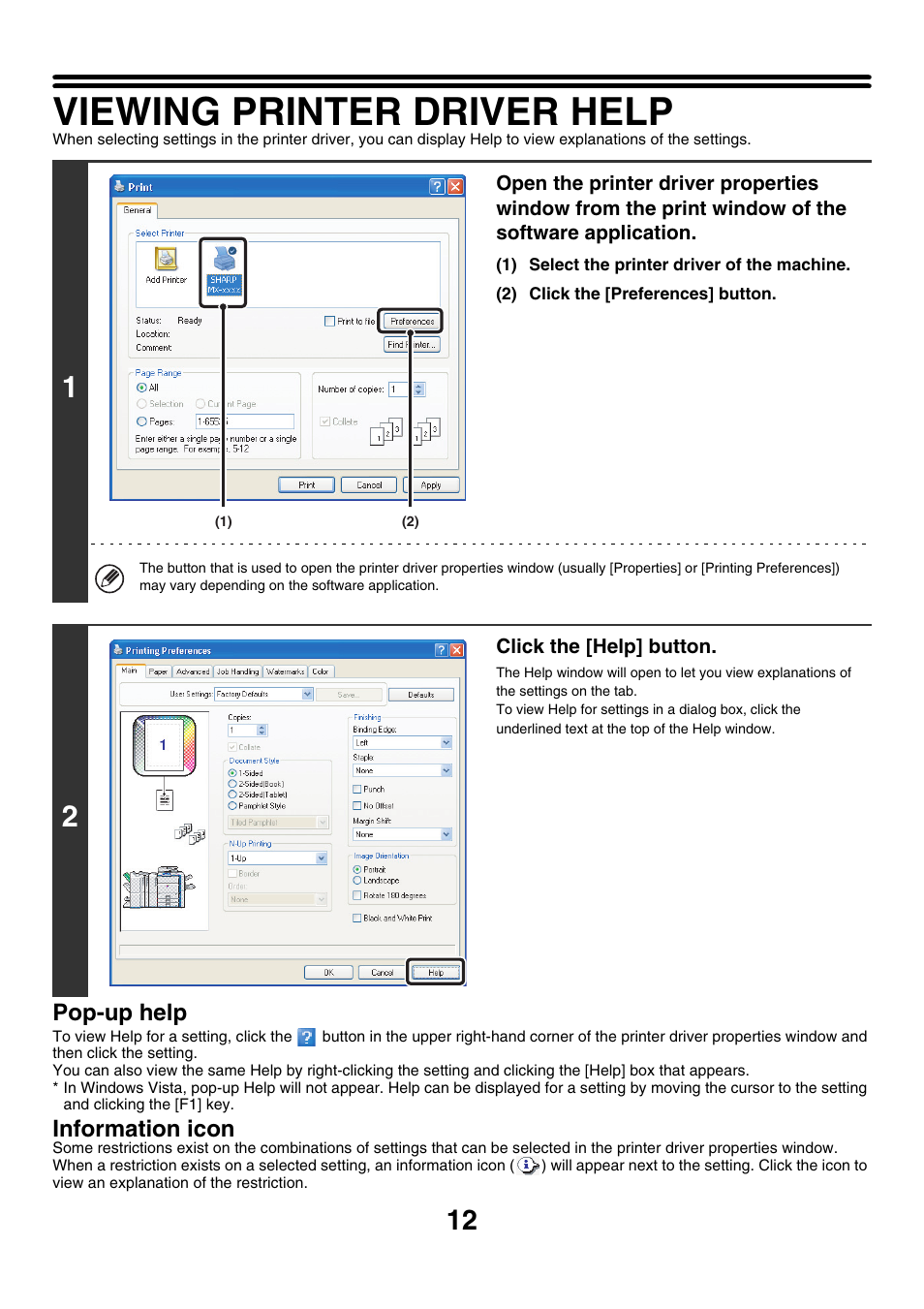 Viewing printer driver help, Pop-up help, Information icon | Sharp MX-7001 User Manual | Page 494 / 710