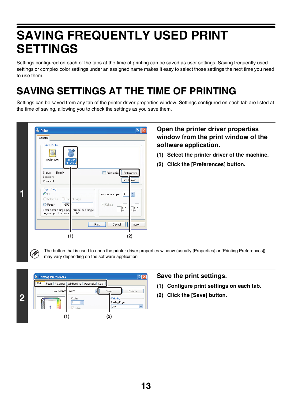 Saving frequently used print settings, Saving settings at the time of, Printing | Saving settings at the time of printing | Sharp MX-7001 User Manual | Page 495 / 710
