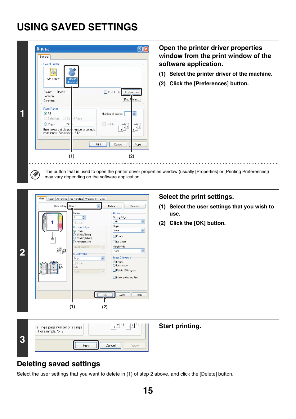 Using saved settings, Deleting saved settings | Sharp MX-7001 User Manual | Page 497 / 710
