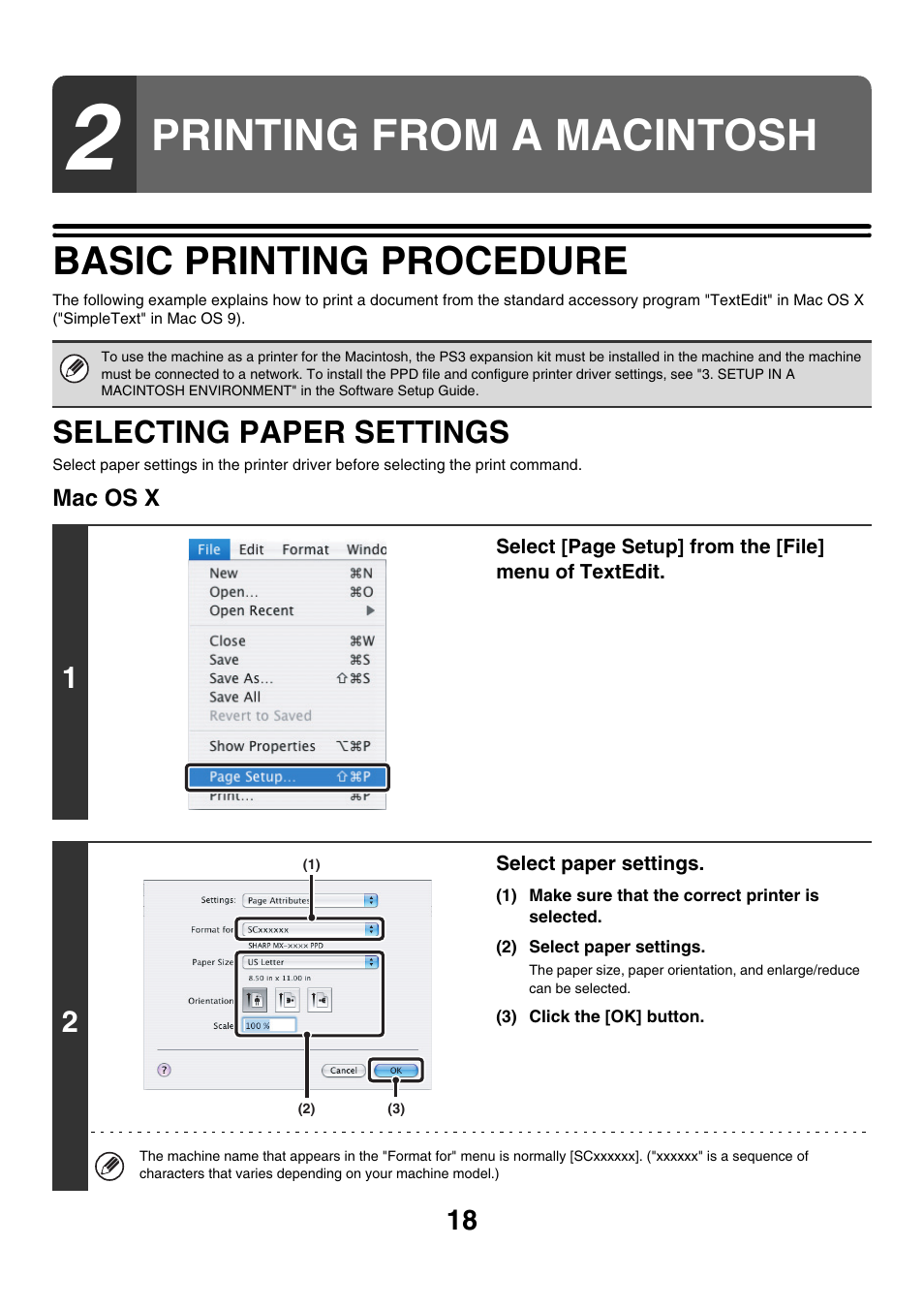 Printing from a macintosh, Basic printing procedure, Selecting paper settings | Sharp MX-7001 User Manual | Page 500 / 710