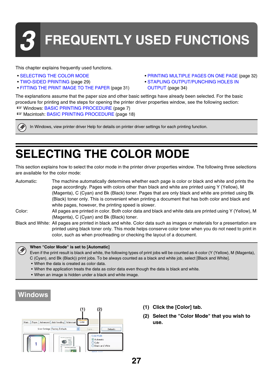 Frequently used functions, Selecting the color mode, Windows | Sharp MX-7001 User Manual | Page 509 / 710
