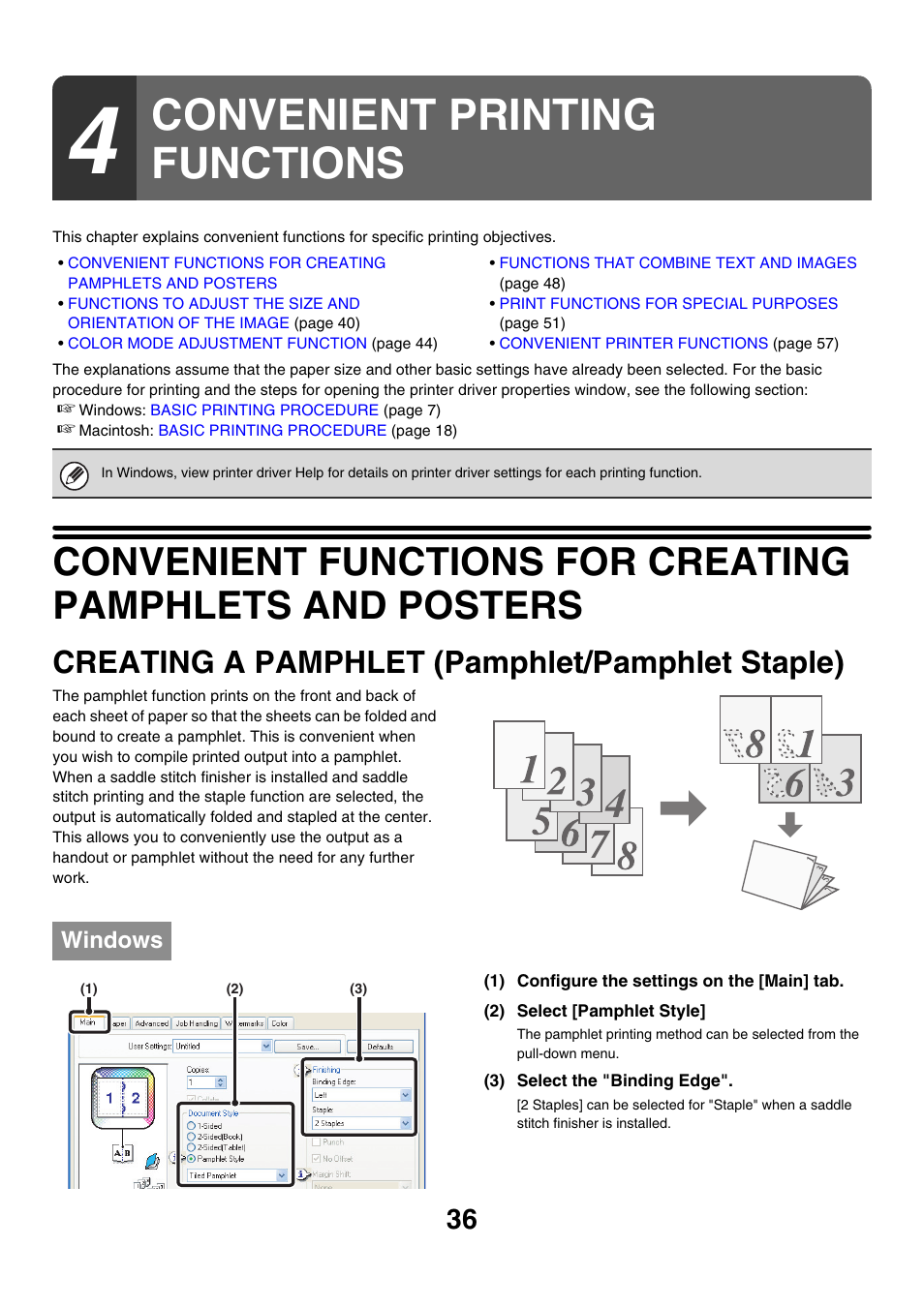 Convenient printing functions, Creating a pamphlet, Pamphlet/pamphlet staple) | Creating a pamphlet (pamphlet/pamphlet staple), Windows | Sharp MX-7001 User Manual | Page 518 / 710