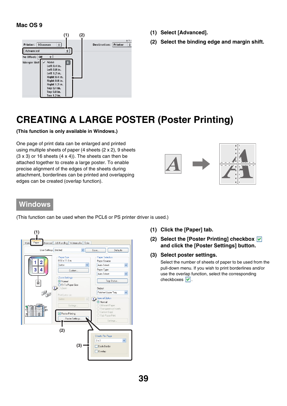 Creating a large poster (poster, Printing), Creating a large poster (poster printing) | Windows | Sharp MX-7001 User Manual | Page 521 / 710