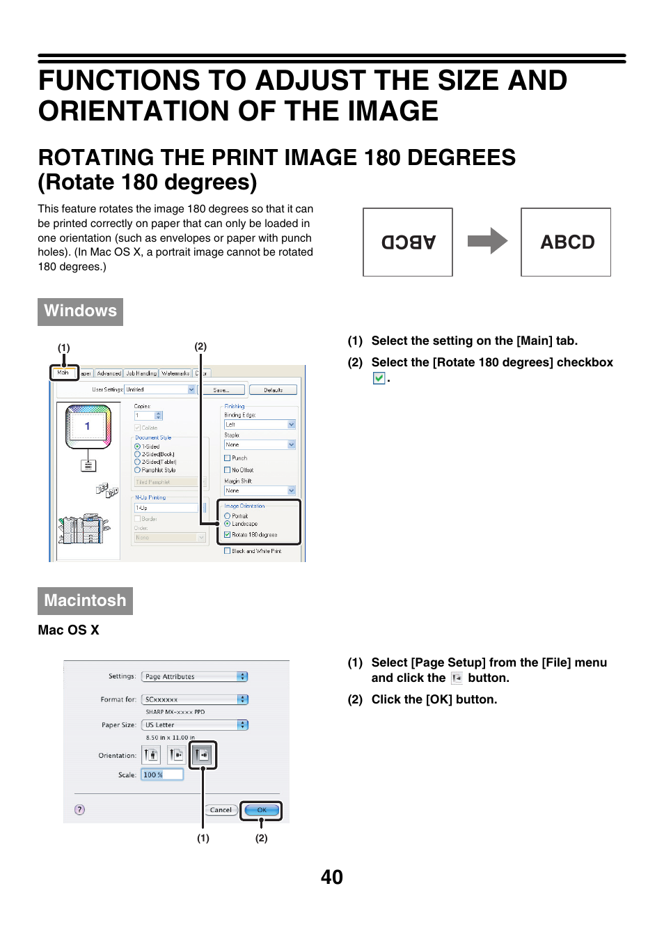 Rotating the print image 180, Degrees (rotate 180 degrees), E 40) | Abcd | Sharp MX-7001 User Manual | Page 522 / 710