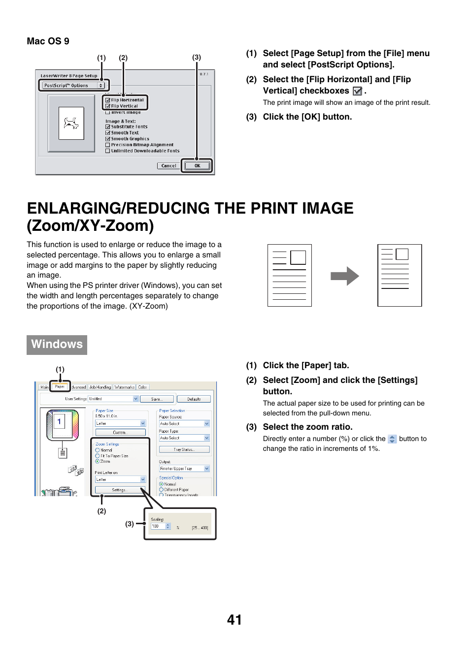 Enlarging/reducing the print image, Zoom/xy-zoom), Enlarging/reducing the print image (zoom/xy-zoom) | Windows | Sharp MX-7001 User Manual | Page 523 / 710