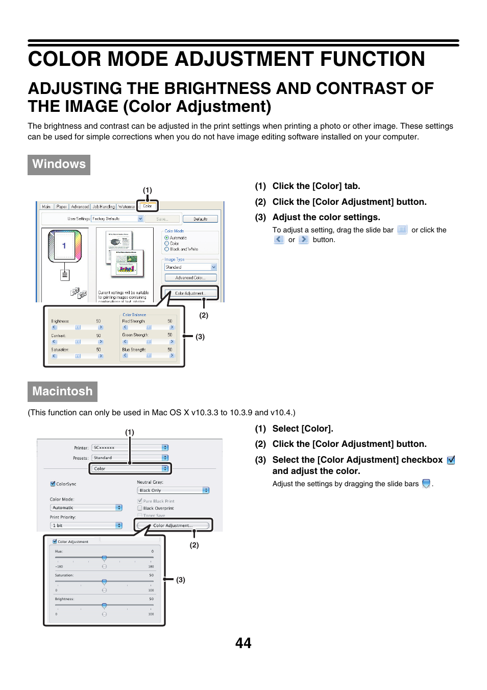 Color mode adjustment function, Adjusting the brightness and, Contrast of the image (color adjustment) | Ge 44), Windows, Macintosh | Sharp MX-7001 User Manual | Page 526 / 710
