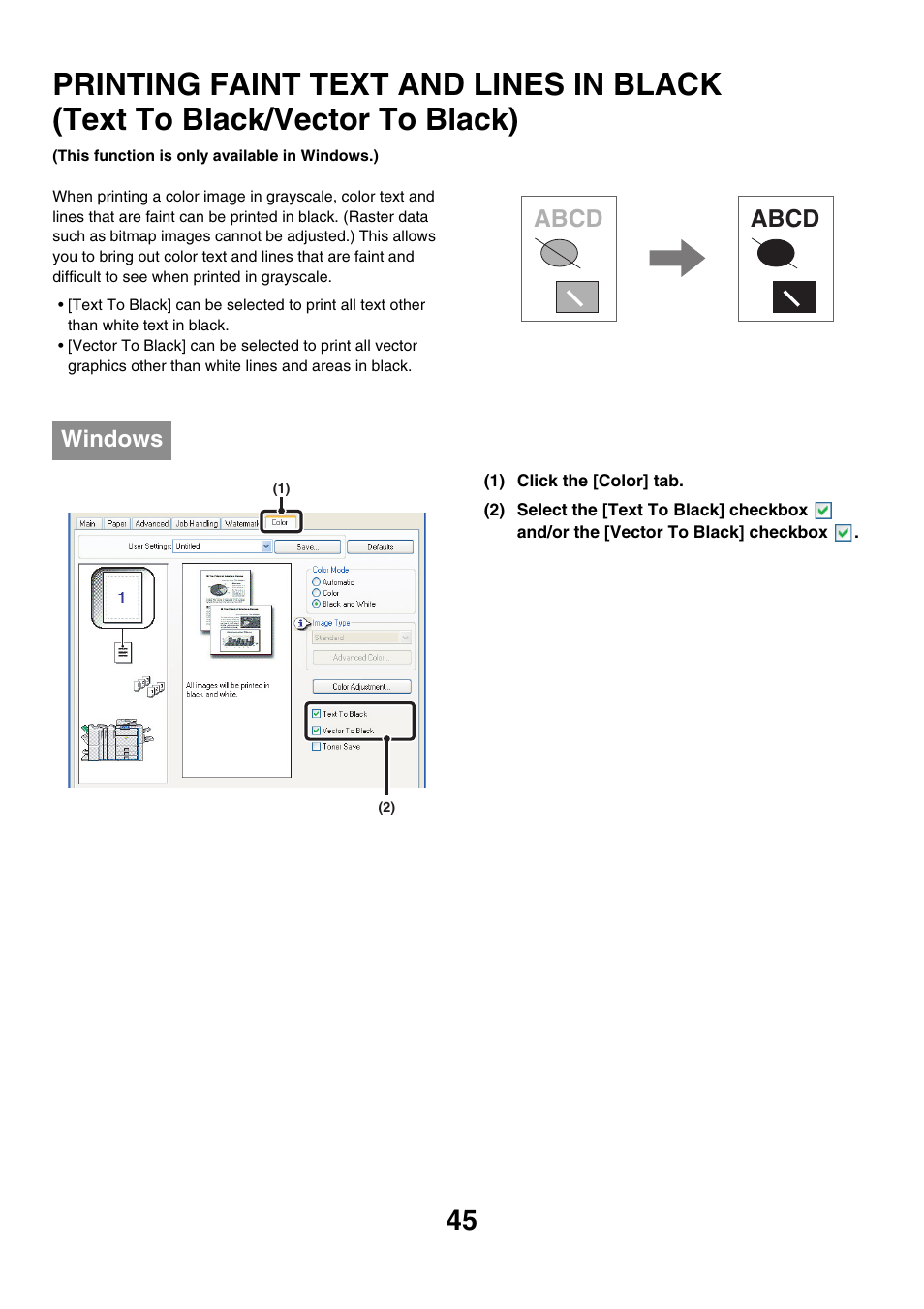 Printing faint text and lines in, Black (text to black/vector to black), Abcd | Abcd windows | Sharp MX-7001 User Manual | Page 527 / 710