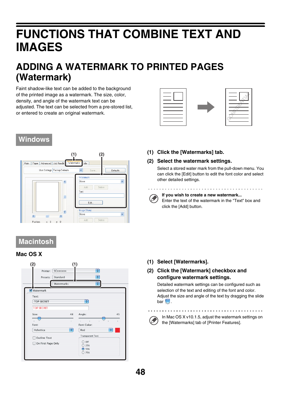 Functions that combine text and images, Adding a watermark to printed, E 48) | Adding a watermark to printed pages (watermark), Windows, Macintosh | Sharp MX-7001 User Manual | Page 530 / 710