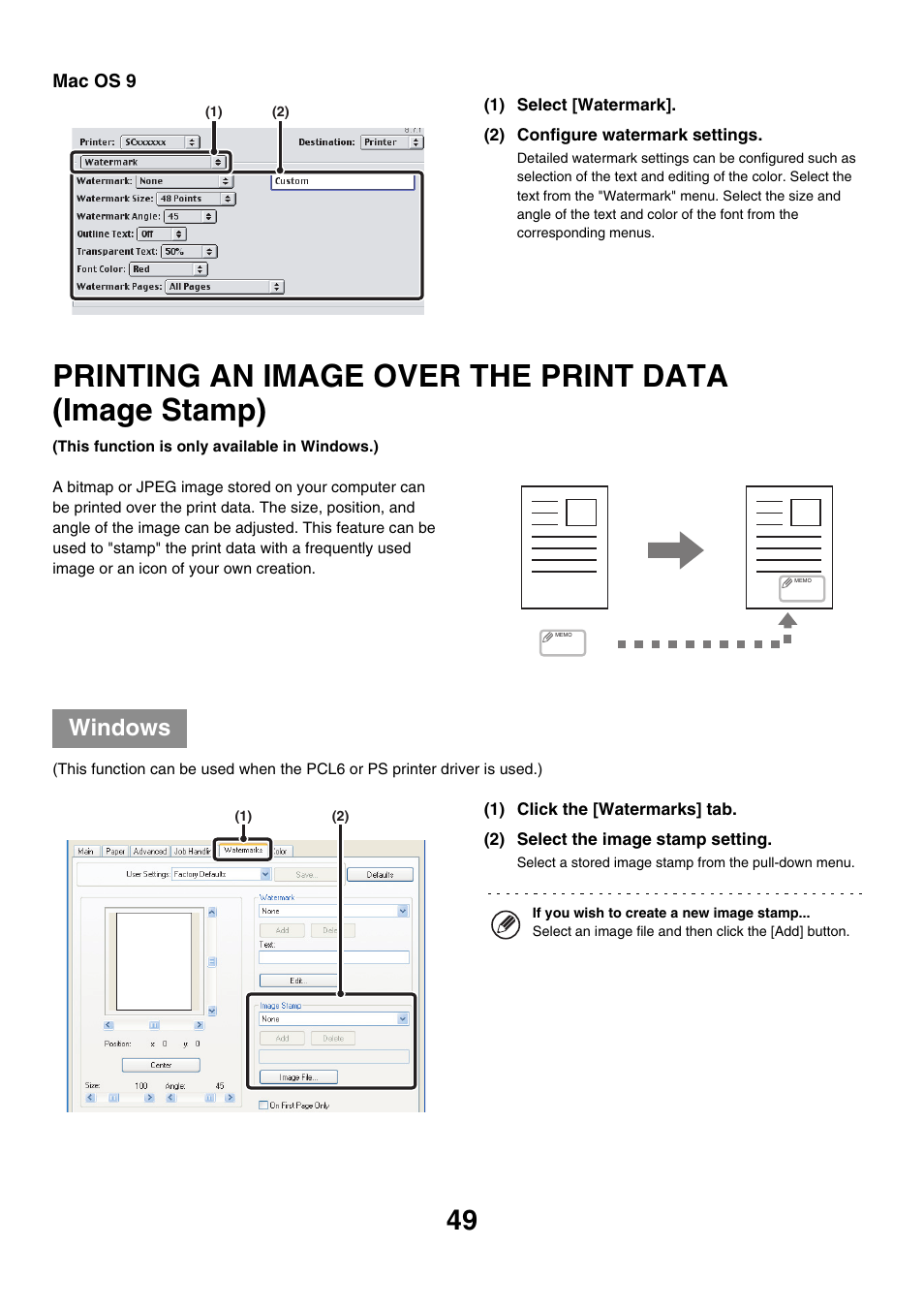 Printing an image over the print, Data (image stamp), Windows | Sharp MX-7001 User Manual | Page 531 / 710