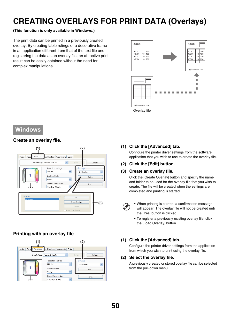 Creating overlays for print data, Overlays), Creating overlays for print data (overlays) | Windows, Create an overlay file, Printing with an overlay file, 1) click the [advanced] tab, 2) select the overlay file | Sharp MX-7001 User Manual | Page 532 / 710