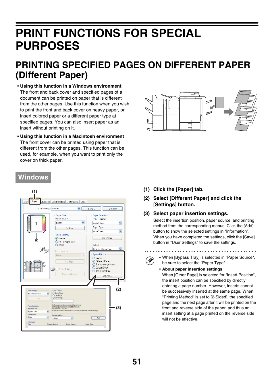 Print functions for special purposes, Different paper (different paper), E 51) | Windows | Sharp MX-7001 User Manual | Page 533 / 710