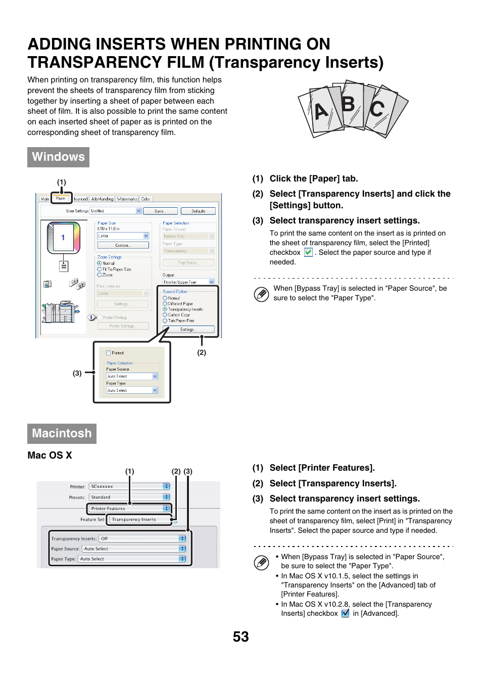 Adding inserts when printing on, Transparency film (transparency inserts), Cb a | Windows, Macintosh | Sharp MX-7001 User Manual | Page 535 / 710