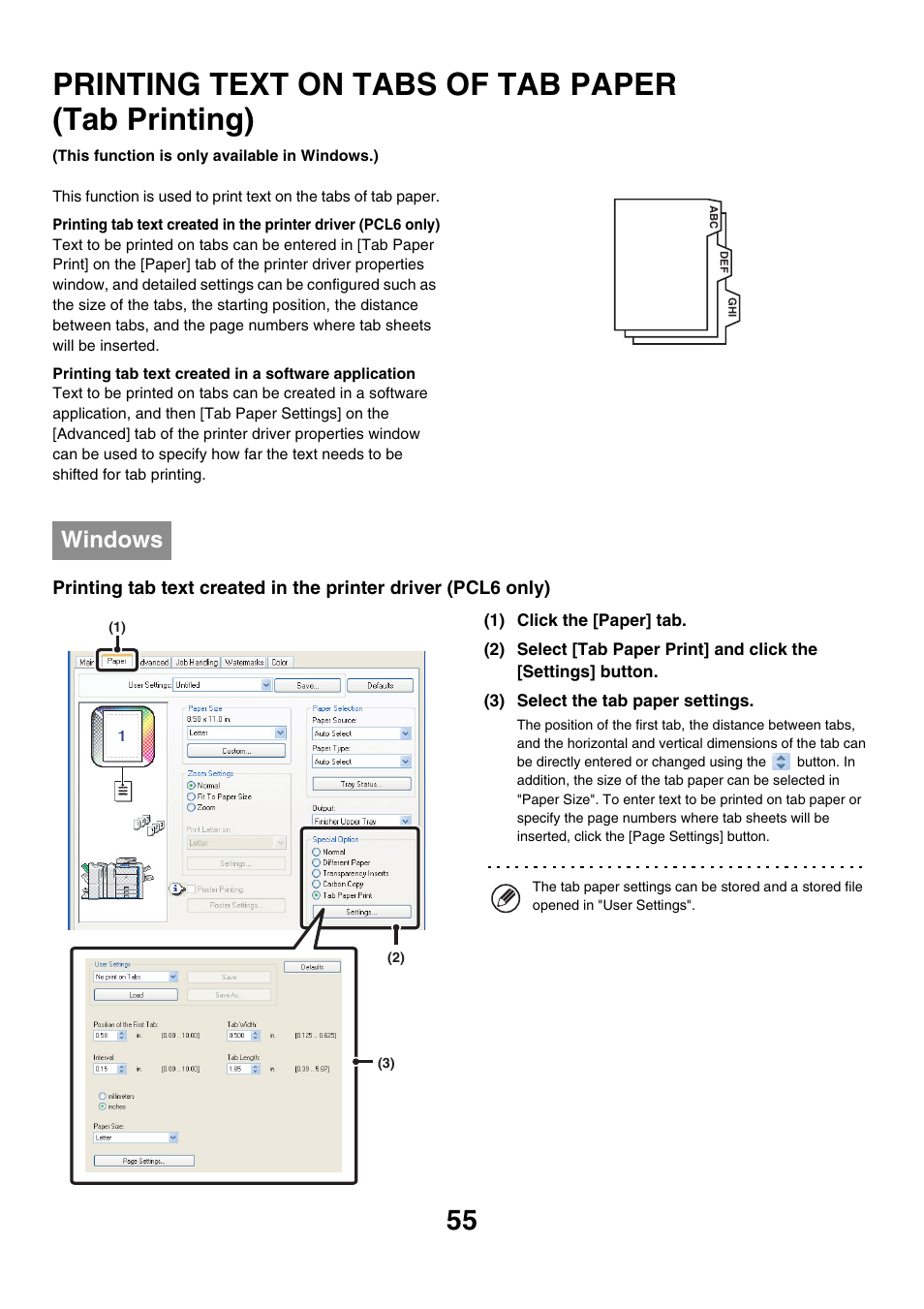 Printing text on tabs of tab paper, Tab printing), Printing text on tabs of tab paper (tab printing) | Windows | Sharp MX-7001 User Manual | Page 537 / 710